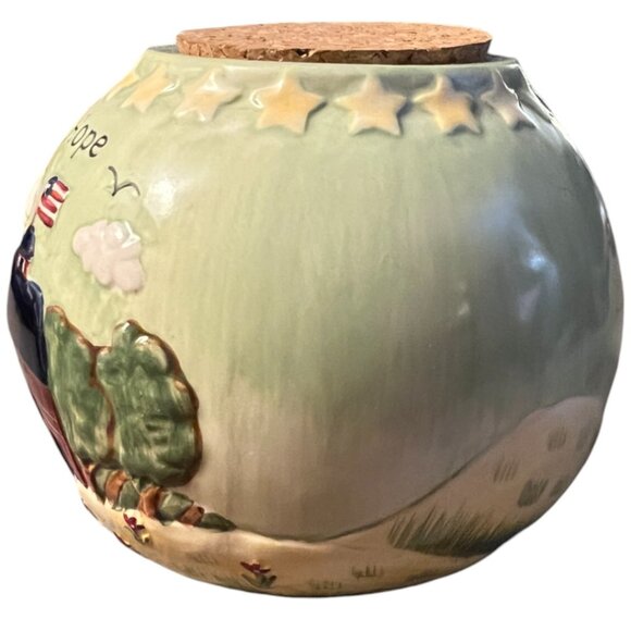 Stoneware Country HOPE Jar Patriotic American Flag Stars Grass Sky 3.75" t x 4.5 - Picture 4 of 15